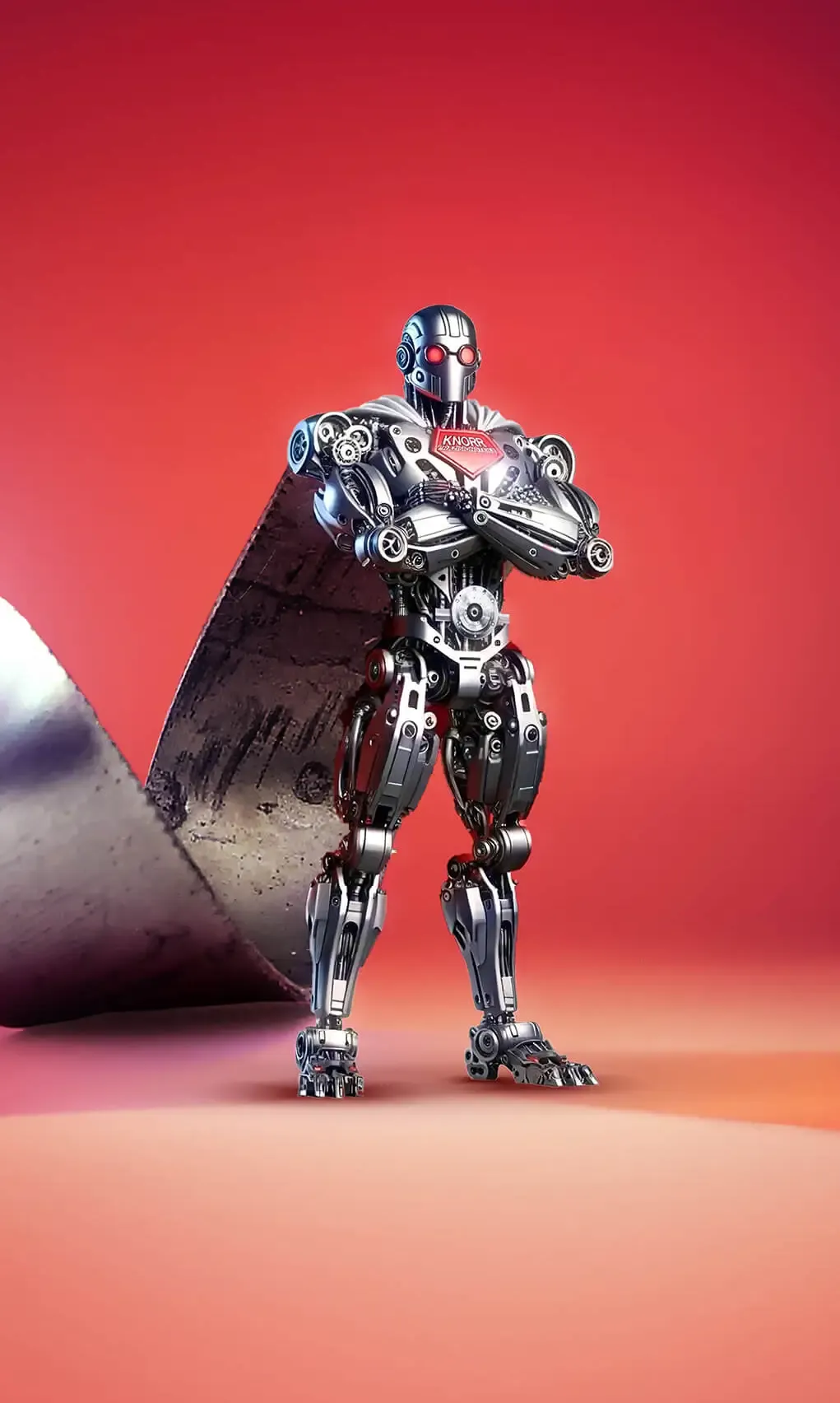 Ein humanoider Roboter mit metallischen Gliedmaßen und rot leuchtenden Augen steht selbstbewusst mit verschränkten Armen da. Hinter ihm entfaltet sich ein großes Metalltuch vor einem roten Hintergrund.