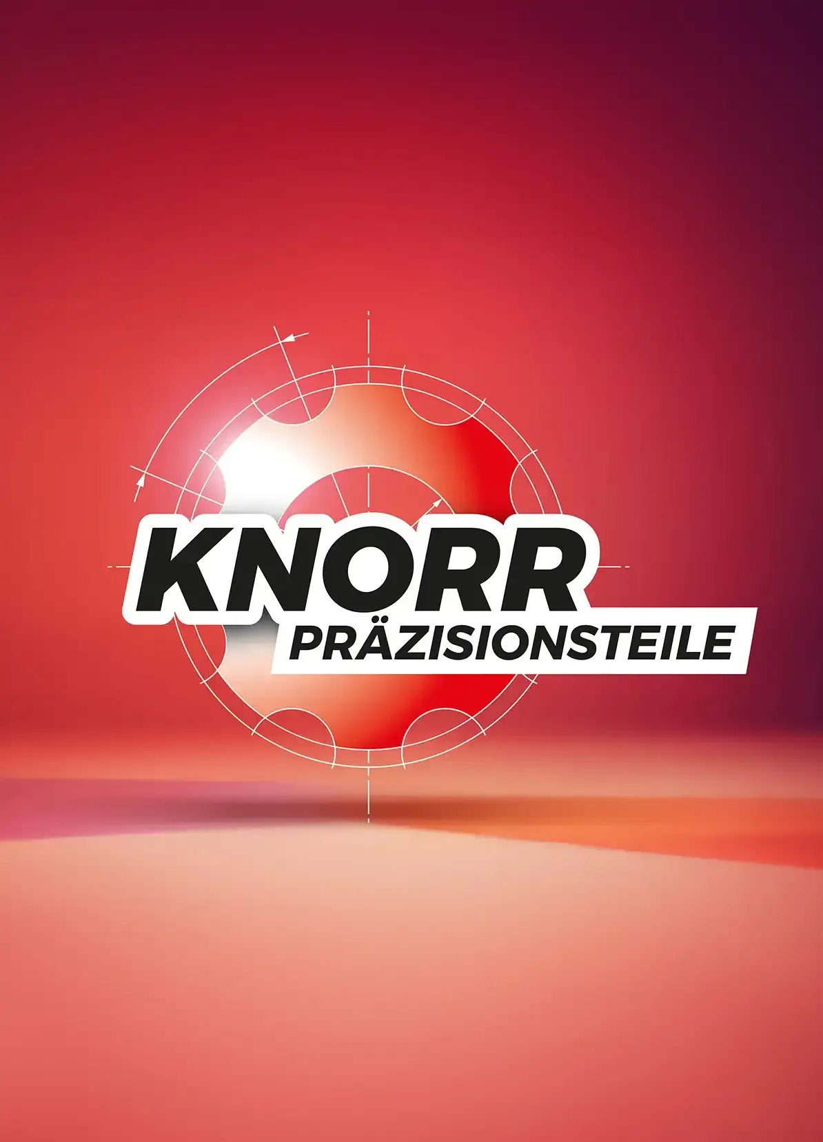 Das Bild zeigt einen rot-weißen Hintergrund mit technischen Zeichnungslinien und dem Text KNORR PRÄZISIONSTEILE in fetten Buchstaben in der Mitte.