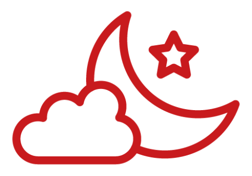 Rote Umrisszeichnung einer Mondsichel mit einem Stern darüber und einer Wolke, die den Mond teilweise verdeckt, auf hellgrauem Hintergrund.