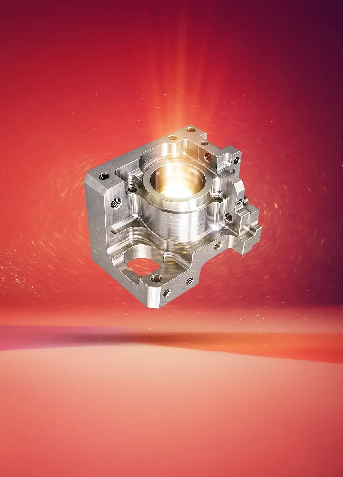 Ein metallisches, präzisionsgefertigtes Maschinenteil wird vor einem leuchtenden roten und orangenen Hintergrund aufgehängt, wobei das Licht aus seinem Zentrum strahlt und die polierten Oberflächen und die detaillierte Konstruktion hervorhebt.