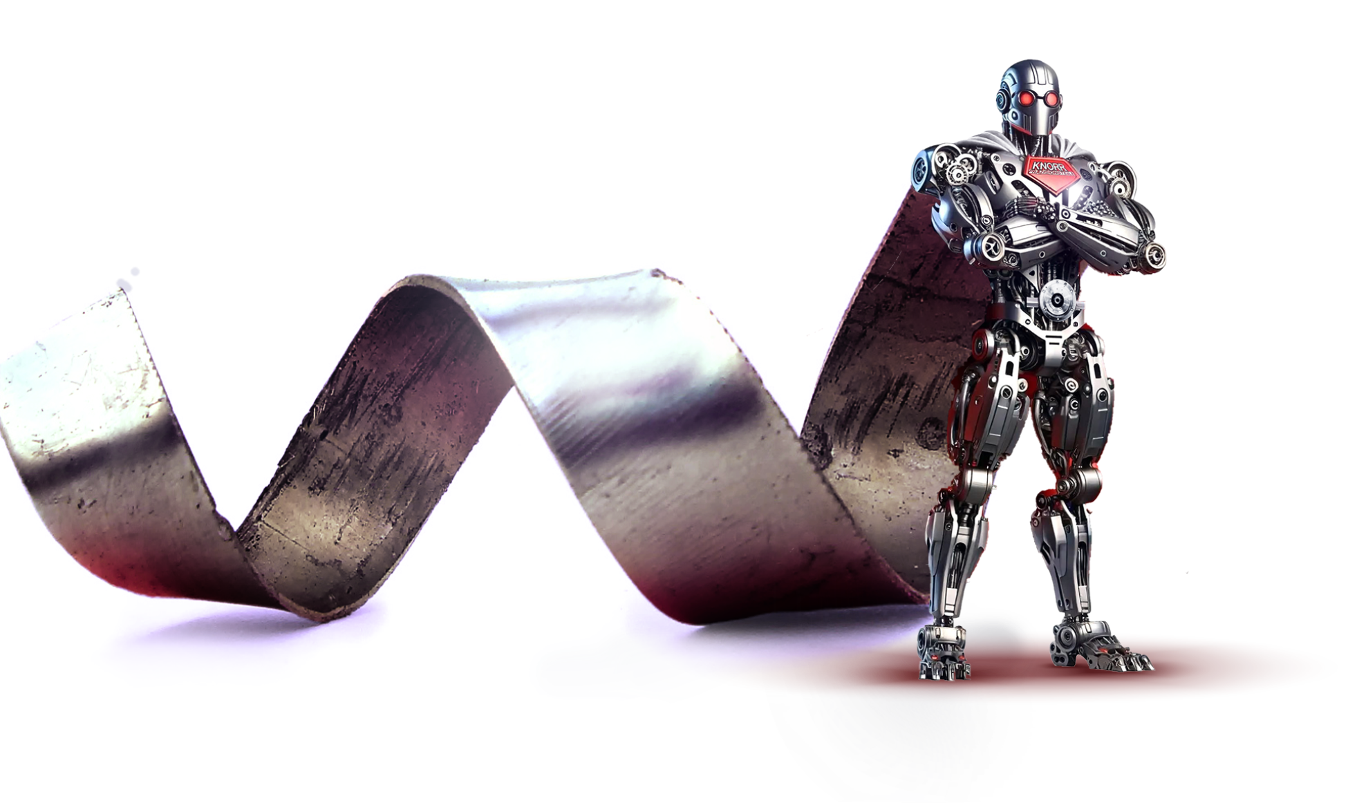 Ein humanoider Roboter mit einem metallischen Körper steht selbstbewusst neben einem gebogenen Metallband auf weißem Hintergrund.