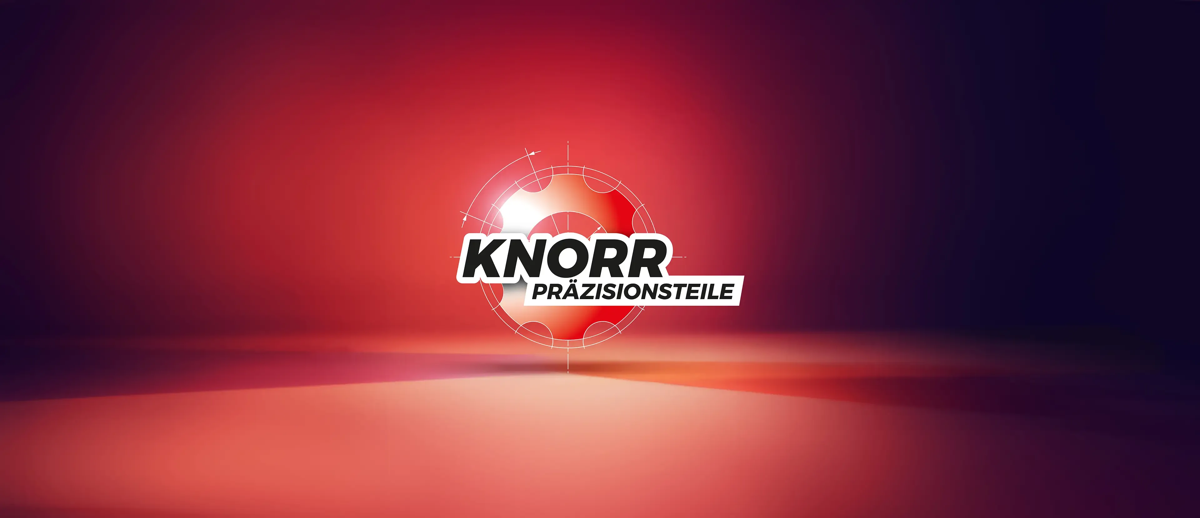 Ein roter und violetter Hintergrund mit einem leuchtenden Zahnrad in der Mitte. Der Schriftzug KNORR PRÄZISIONSTEILE ist prominent in der Mitte angebracht.
