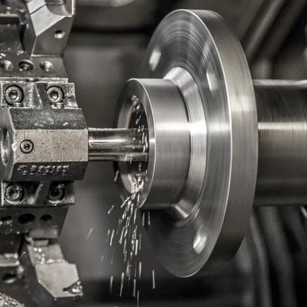 Nahaufnahme einer industriellen CNC-Fräsmaschine, die ein Metallwerkstück schneidet, wobei Metallspäne auf dem Arbeitstisch in einer Werkstatt verstreut sind.