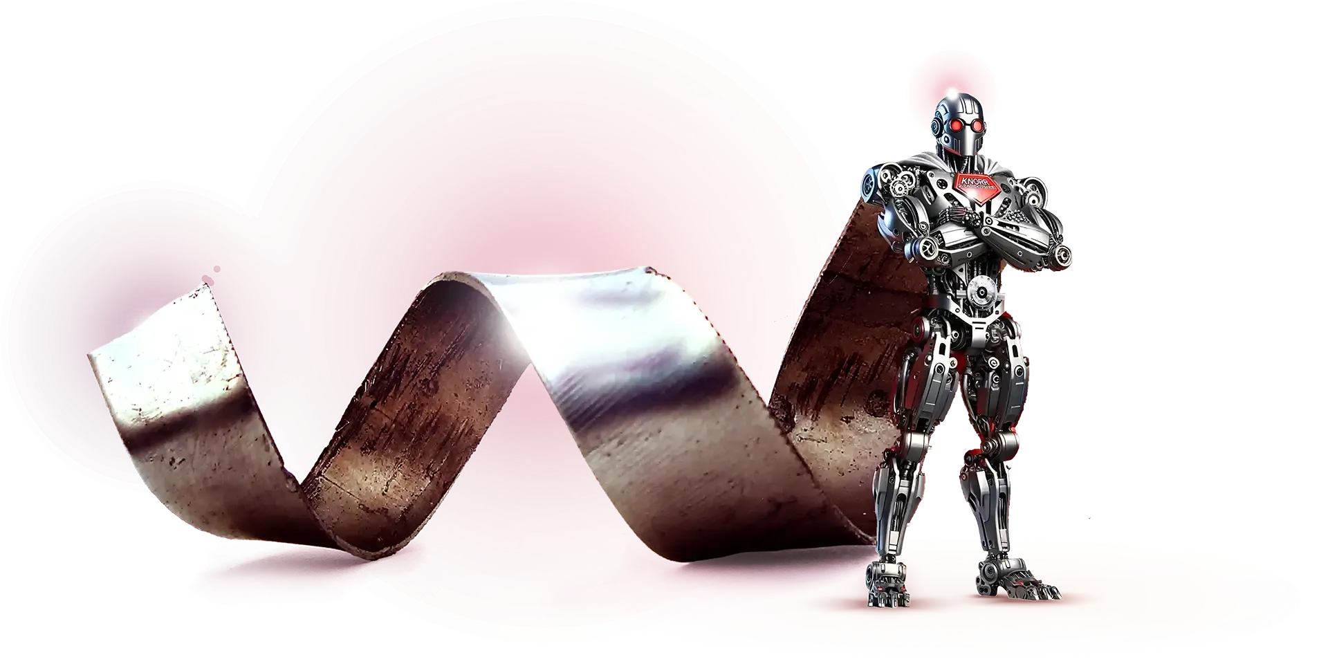 Ein glänzender humanoider Roboter mit roten Augen steht selbstbewusst mit verschränkten Armen neben einem Metallband, das sich über einen roten Hintergrund mit Farbverlauf schlängelt.