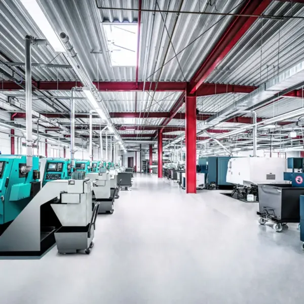 Weitwinkelansicht einer modernen, hellen Industriehalle mit Reihen türkisfarbener Maschinen, roten und weißen Stützbalken und polierten Betonböden unter einer Metalldecke mit Oberlichtern.